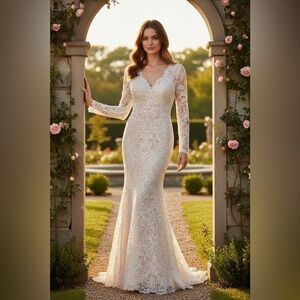 Lace Long-Sleeve Ivory Bridal Wedding Gown — Romantic Fitted Silhouette